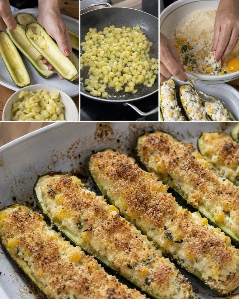 Zucchine ripiene di ricotta e mais al basilico servite in un piatto colorato