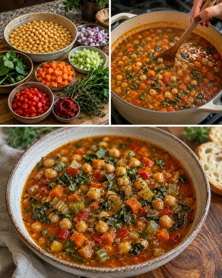 Zuppa di Verdure e Ceci in stile Mediterraneo servita in una ciotola