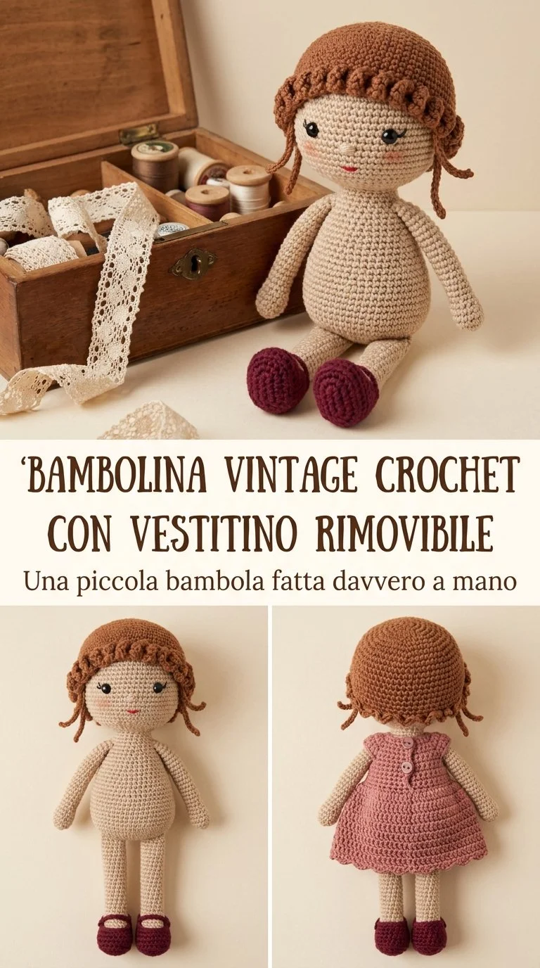 Bambolina Vintage Crochet con vestitino rimovibile, elegante e unico per bambini
