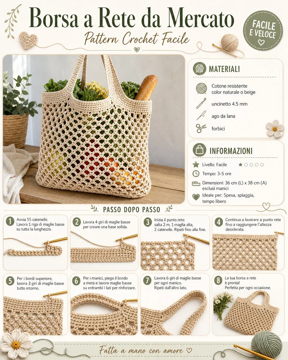 Borsa a Rete da Mercato realizzata con crochet facile e capiente
