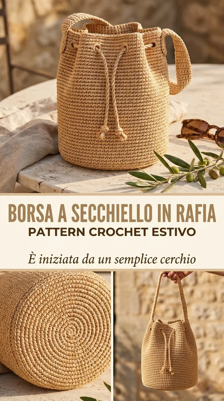 Borsa a secchiello in rafia con motivo crochet estivo