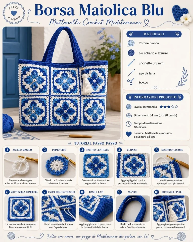 Borsa Maiolica Blu con design mattonelle crochet mediterranee