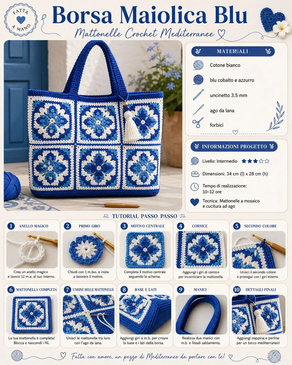 Borsa Maiolica Blu con design mattonelle crochet mediterranee
