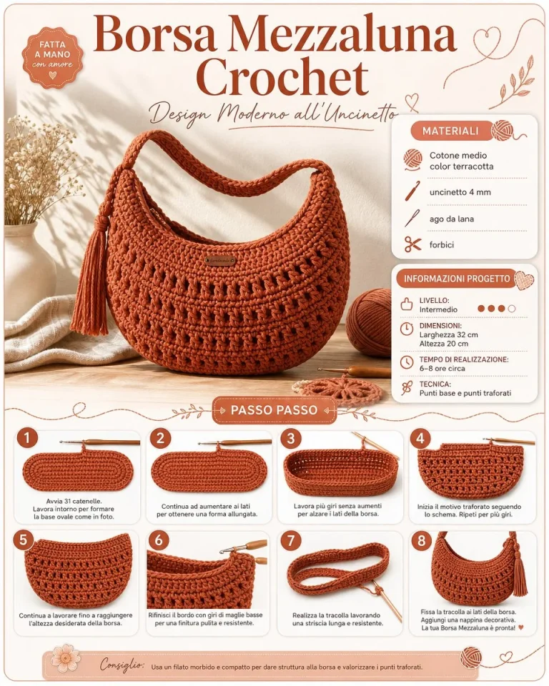 Borsa Mezzaluna Crochet moderna all’uncinetto, elegante e funzionale.