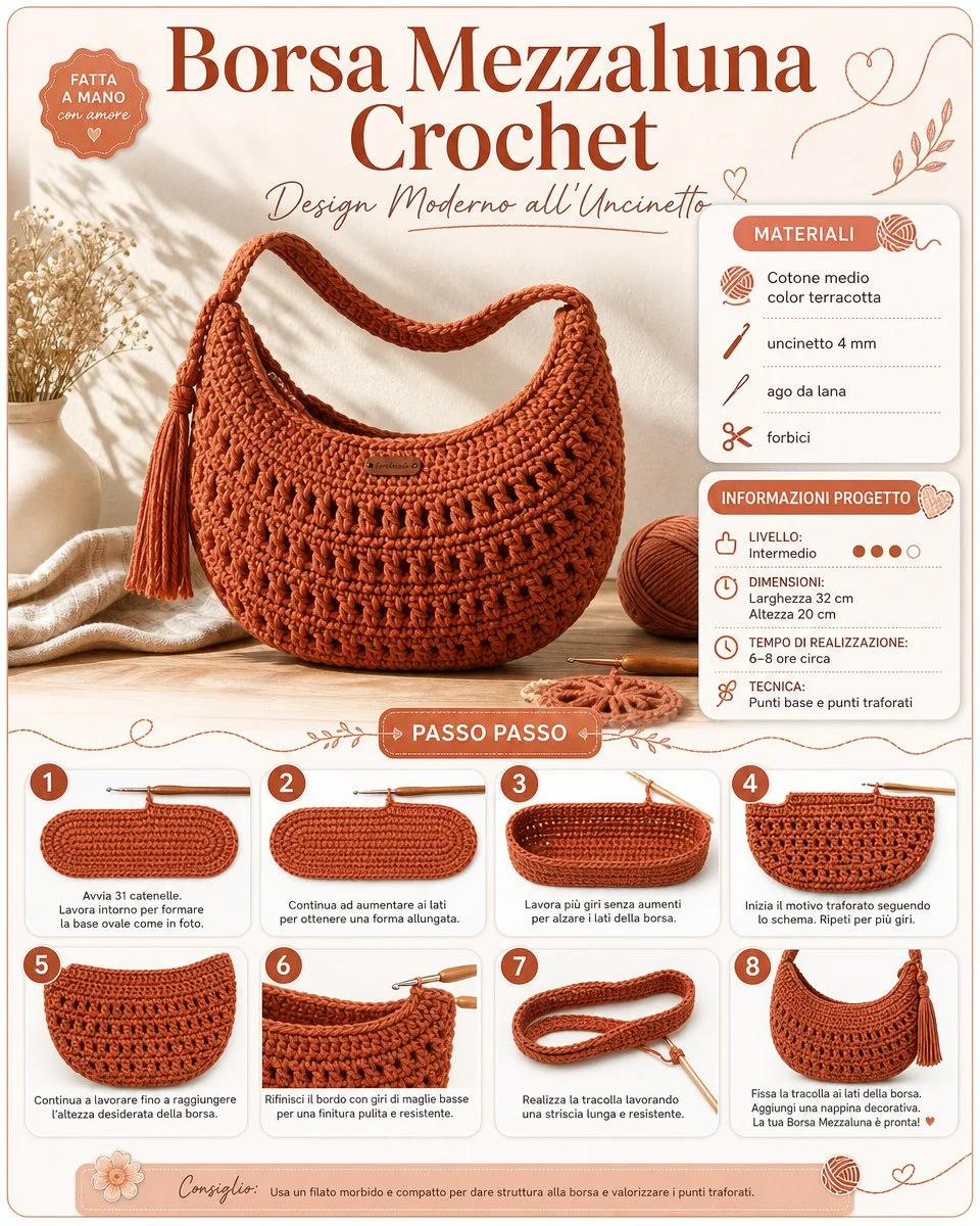 Borsa Mezzaluna Crochet moderna all’uncinetto, elegante e funzionale.