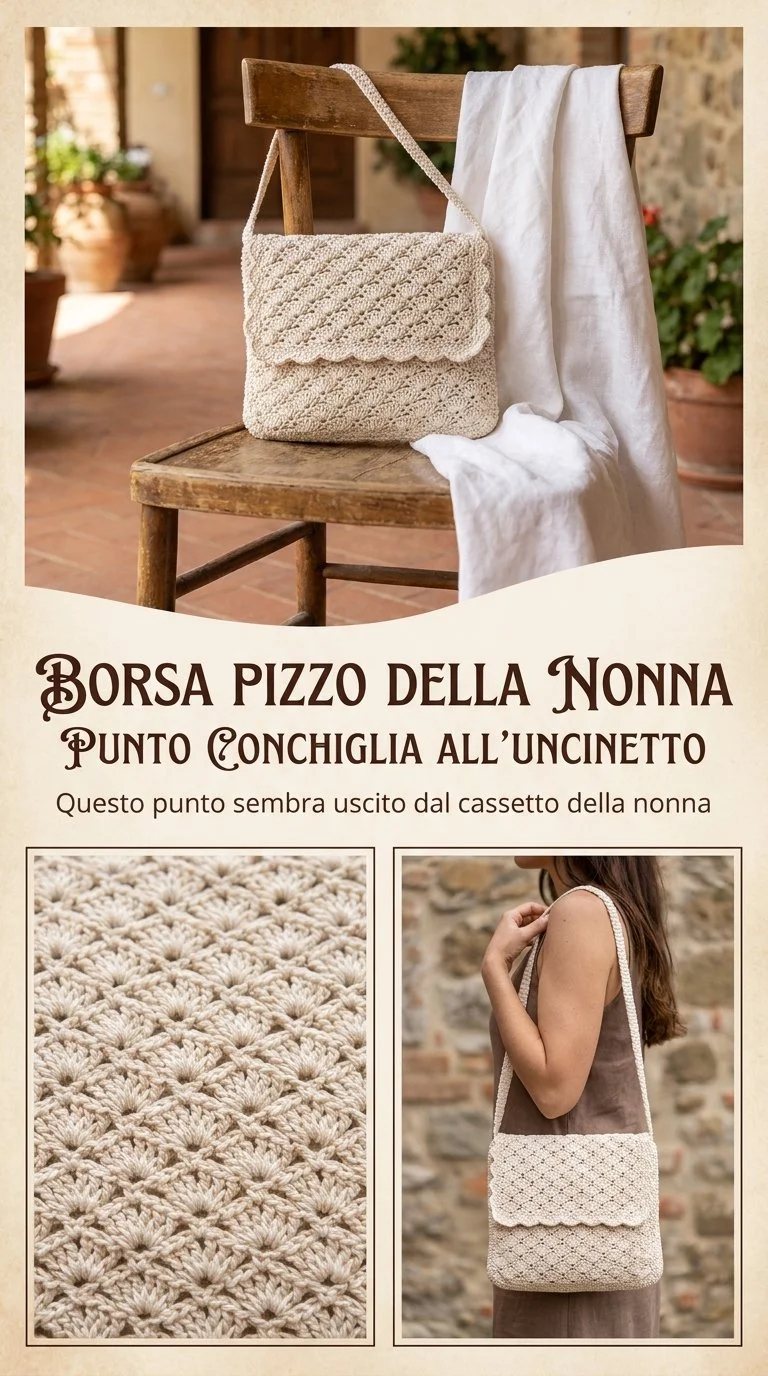 Borsa Pizzo della Nonna con Punto Conchiglia all’Uncinetto, accessorio artigianale