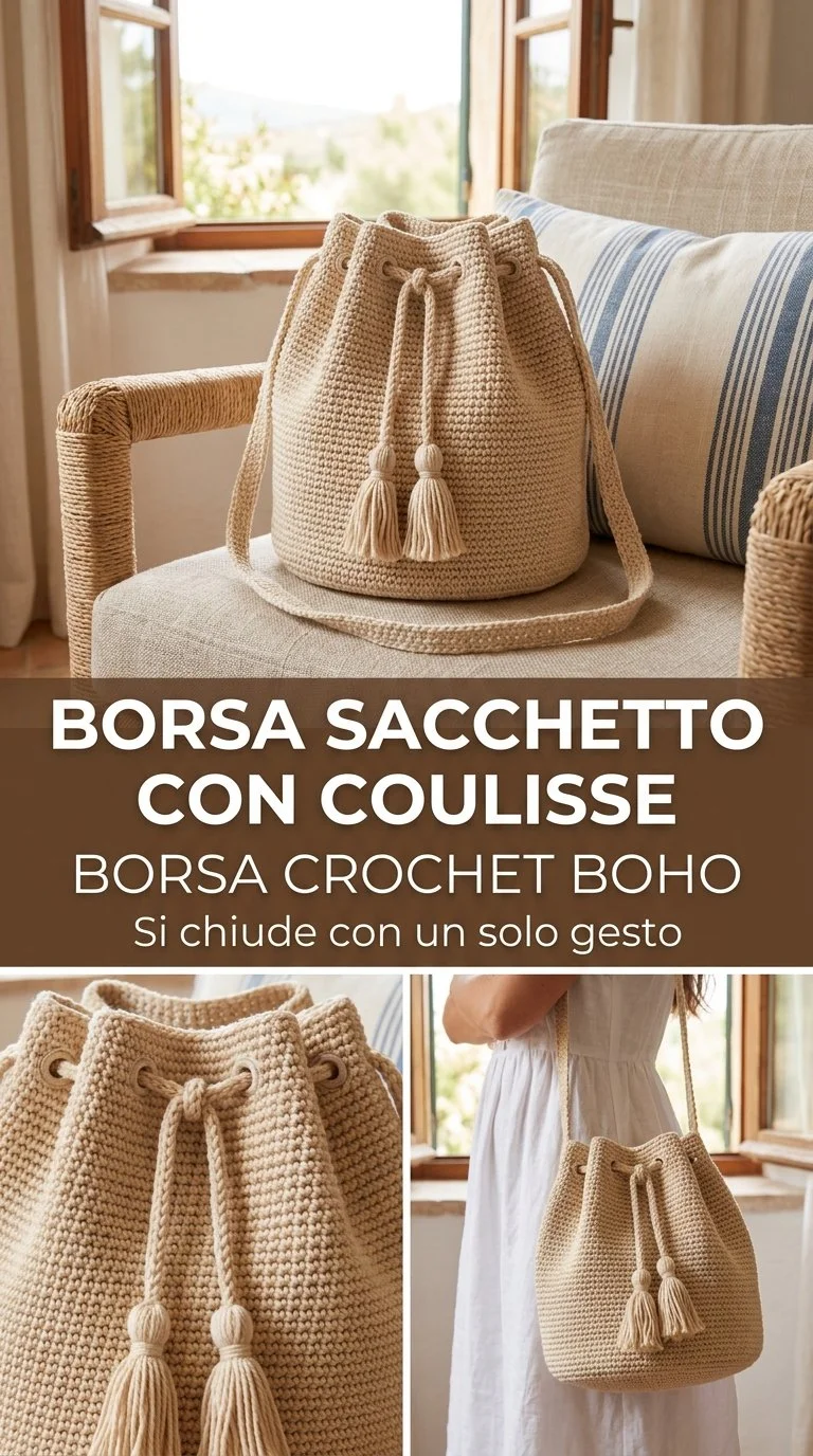 Borsa Crochet boho con coulisse e nappine per il tuo look estivo