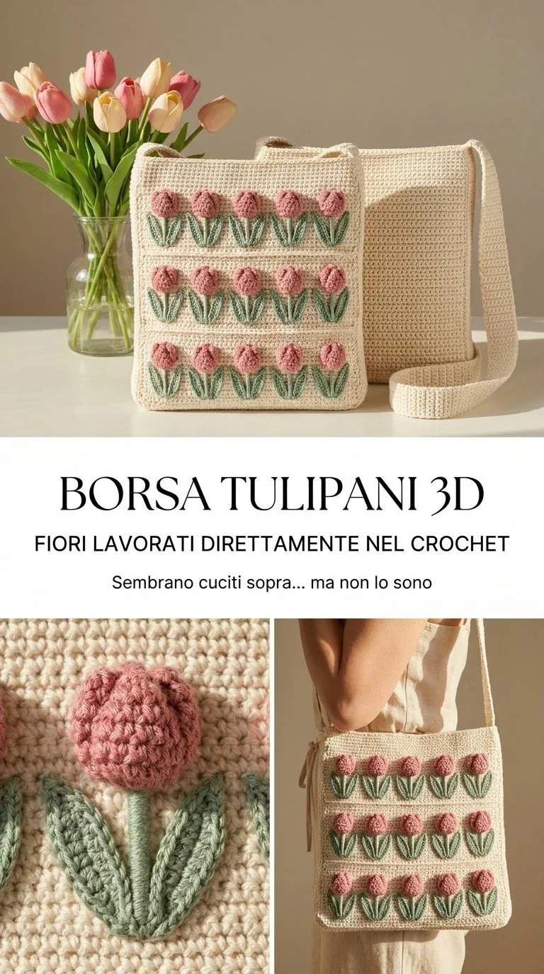 Borsa Tulipani 3D con fiori in crochet, un accessorio artigianale unico.