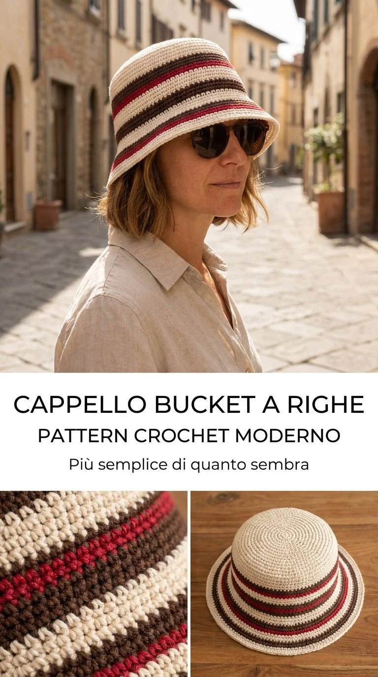 Cappello bucket crochet a righe per adulti in colori vivaci.