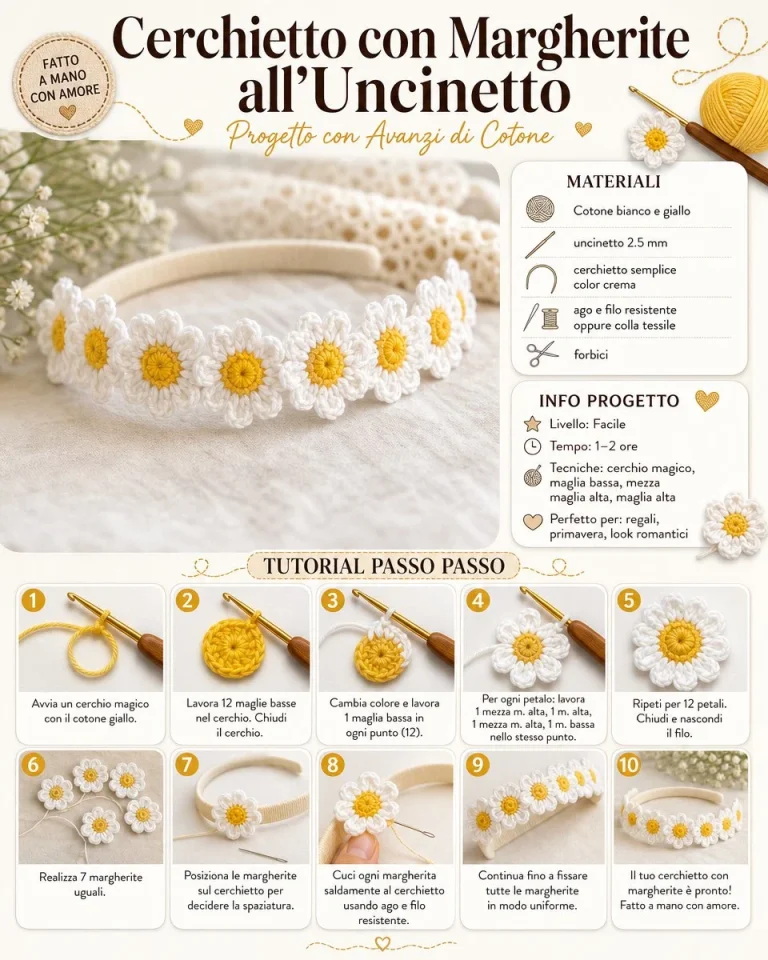 Cerchietto all'uncinetto con margherite realizzato con filato di cotone.