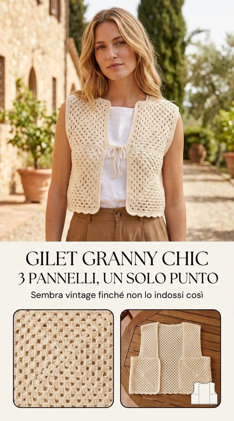 Gilet Granny Chic: gilet crochet a 3 pannelli in stile vintage.