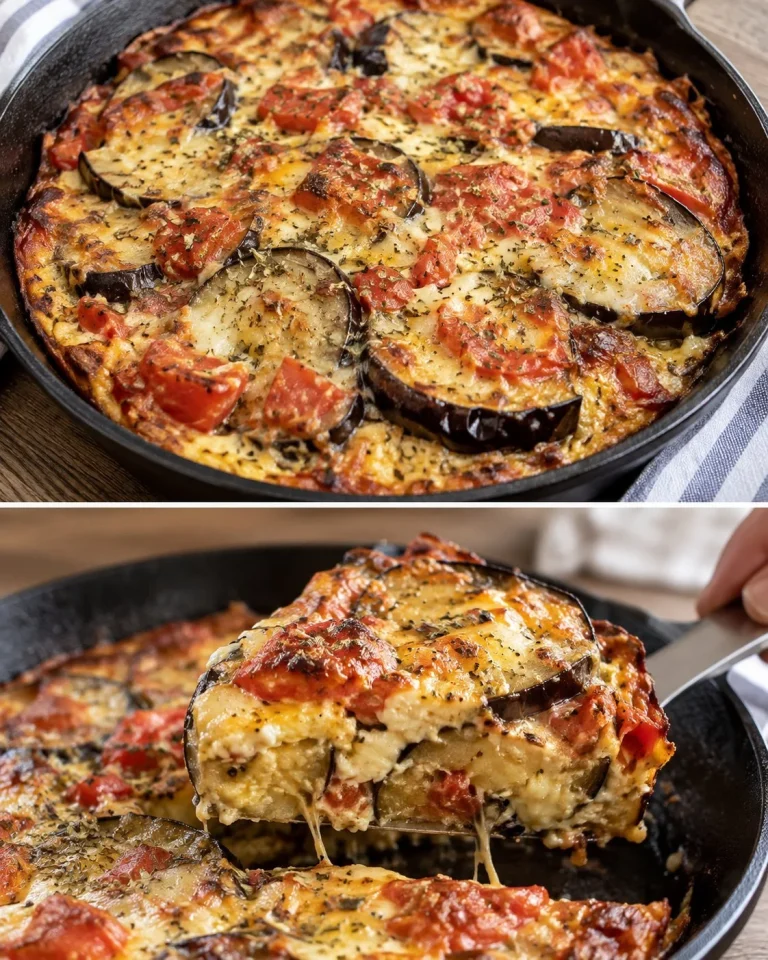 Melanzane uova e formaggio in padella, un piatto tradizionale italiano.
