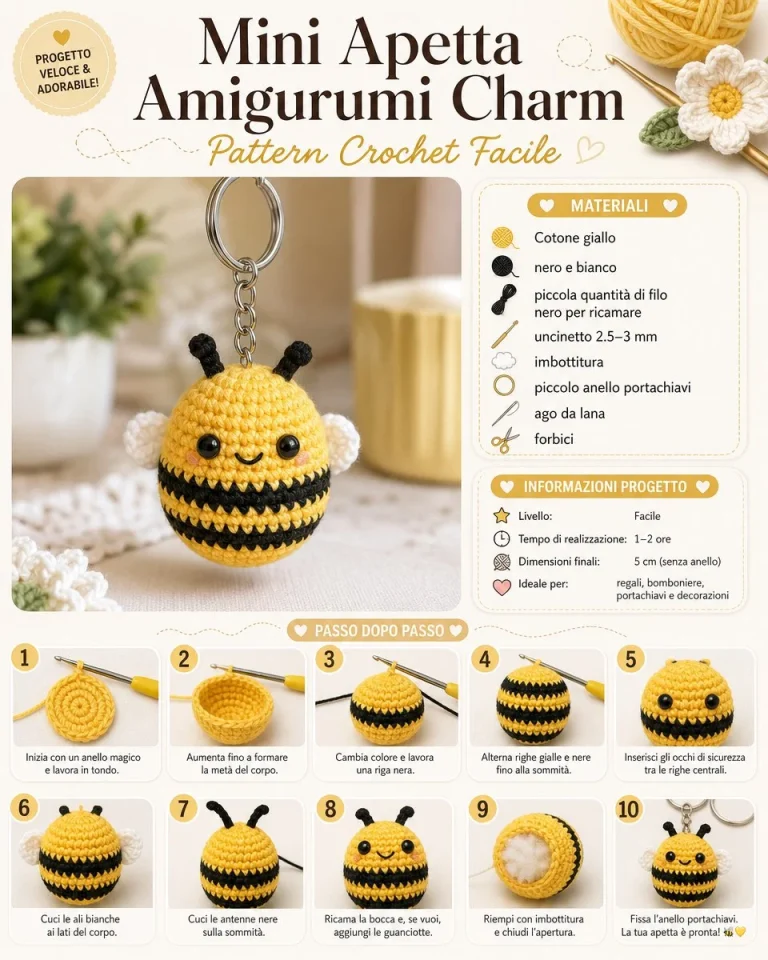 Mini Apetta amigurumi charm realizzato con il modello di crochet facile.