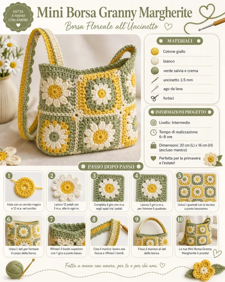 Mini Borsa Granny con motivo floreale all'uncinetto, ideale per accessori moda.