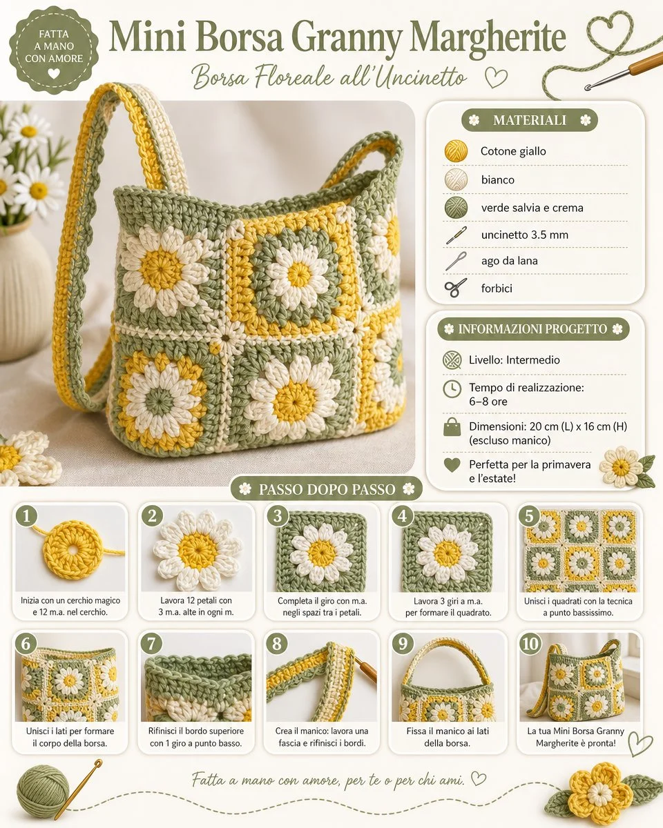 Mini Borsa Granny con motivo floreale all'uncinetto, ideale per accessori moda.