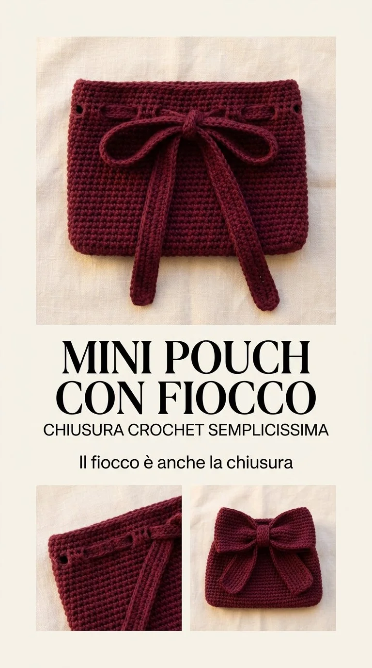 Mini Pouch Crochet con Fiocco e chiusura a lacci in filato colorato