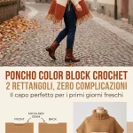 Poncho corto color block crochet a 2 rettangoli, elegante e confortevole.