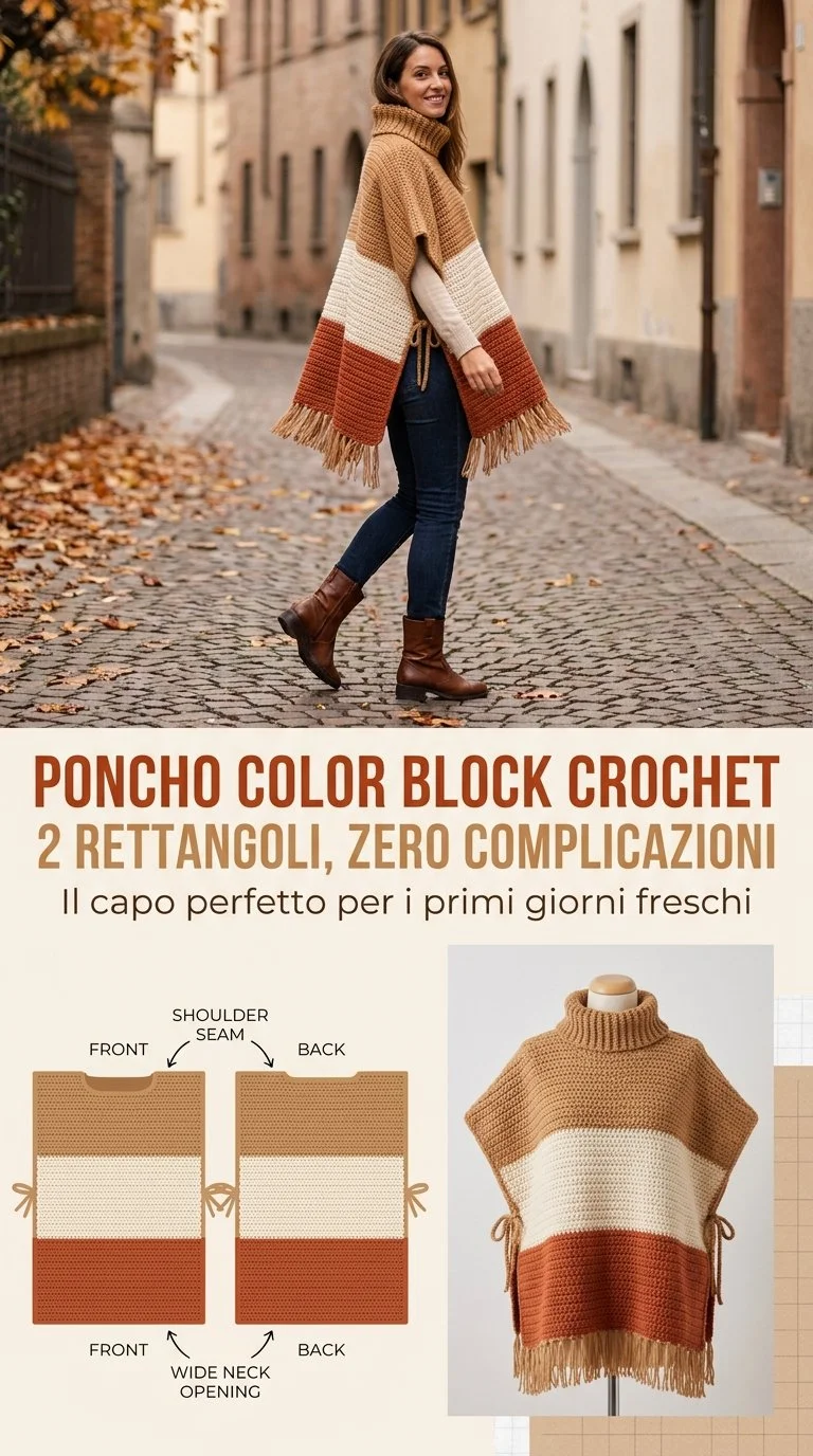 Poncho corto color block crochet a 2 rettangoli, elegante e confortevole.