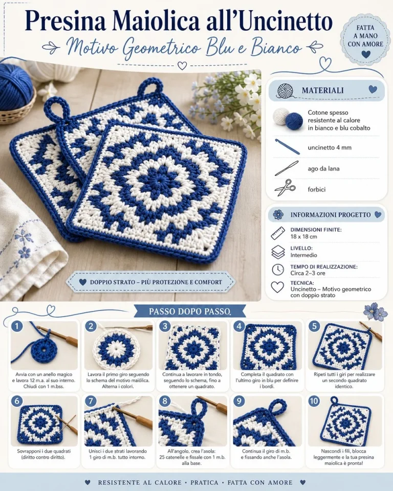 Presina Maiolica all’Uncinetto blu e bianco con motivo geometrico