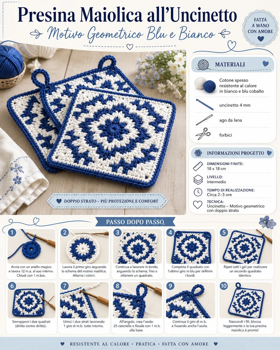 Presina Maiolica all’Uncinetto blu e bianco con motivo geometrico