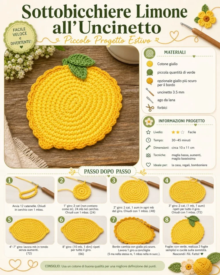 Sottobicchiere Limone all’Uncinetto in cotone colorato per l'estate.