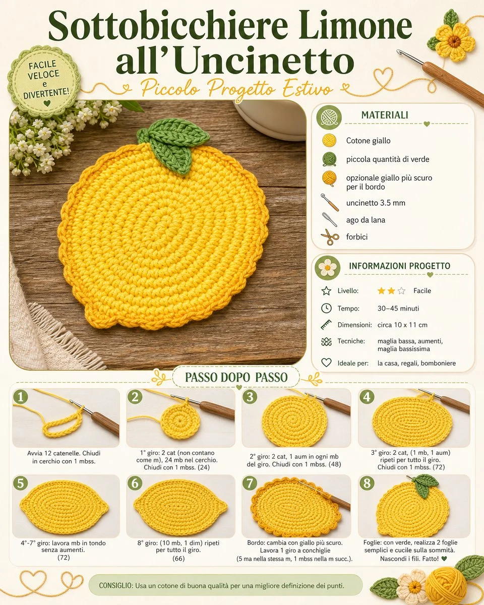 Sottobicchiere Limone all’Uncinetto in cotone colorato per l'estate.