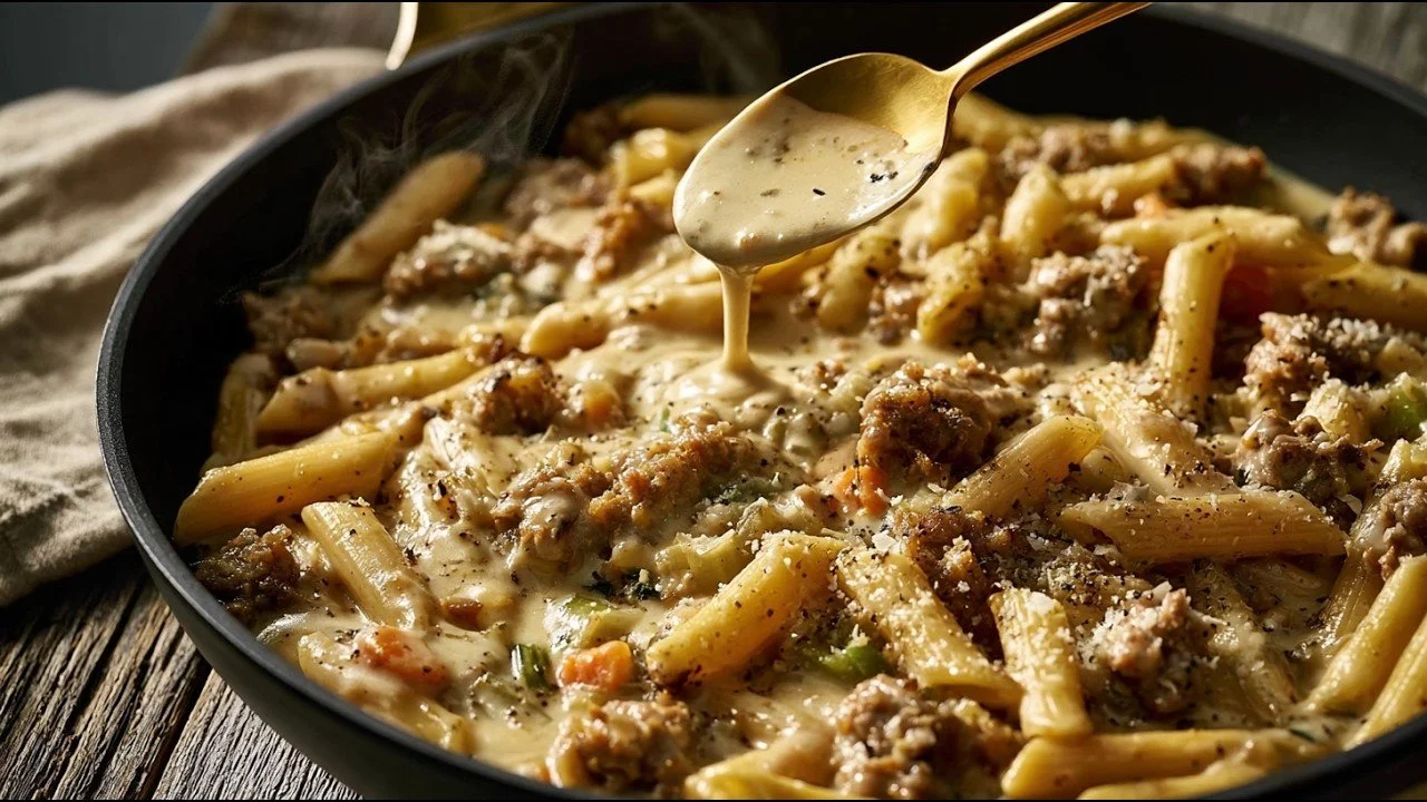 Pasta Toscana servita con panna e verdure fresche in un piatto raffinato.