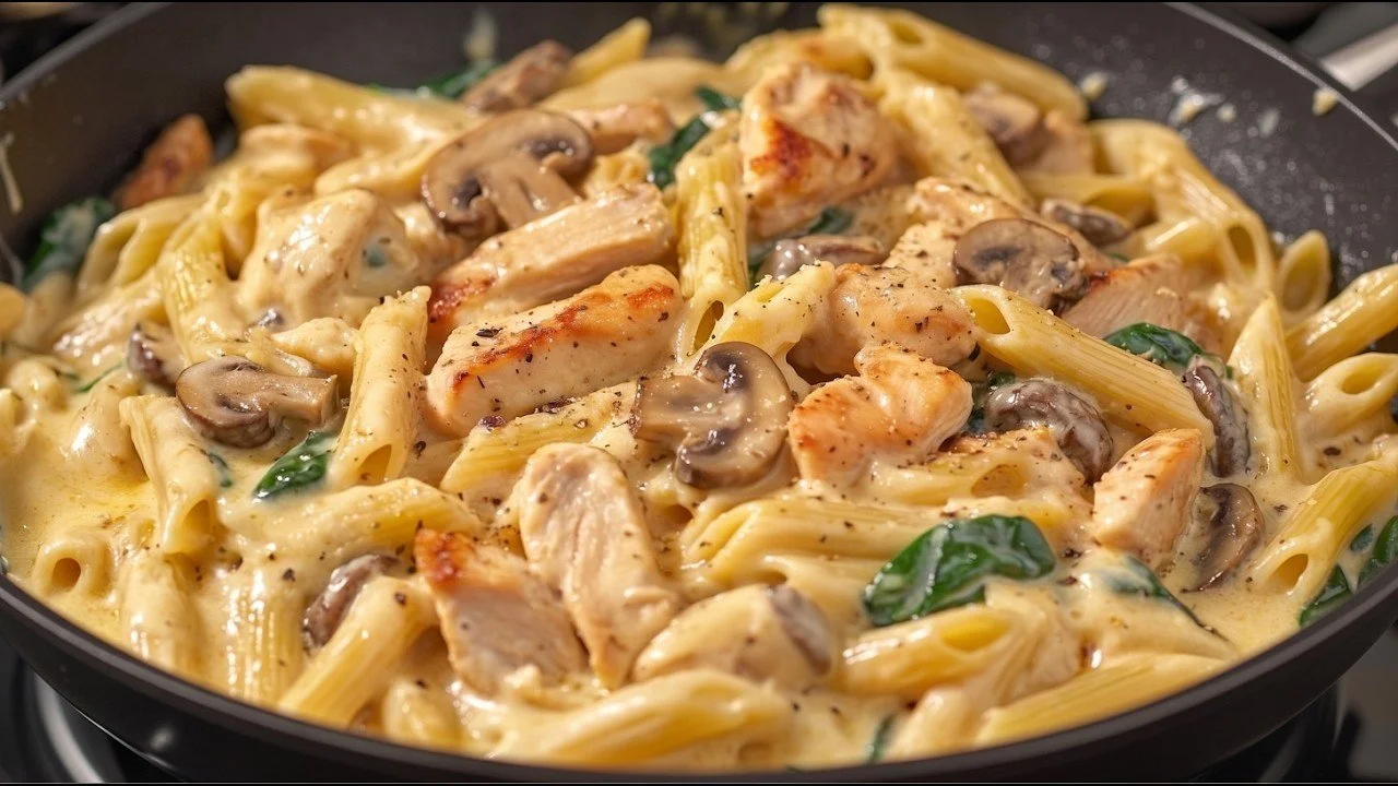 Pasta con pollo succosa e deliziosa pronta da servire